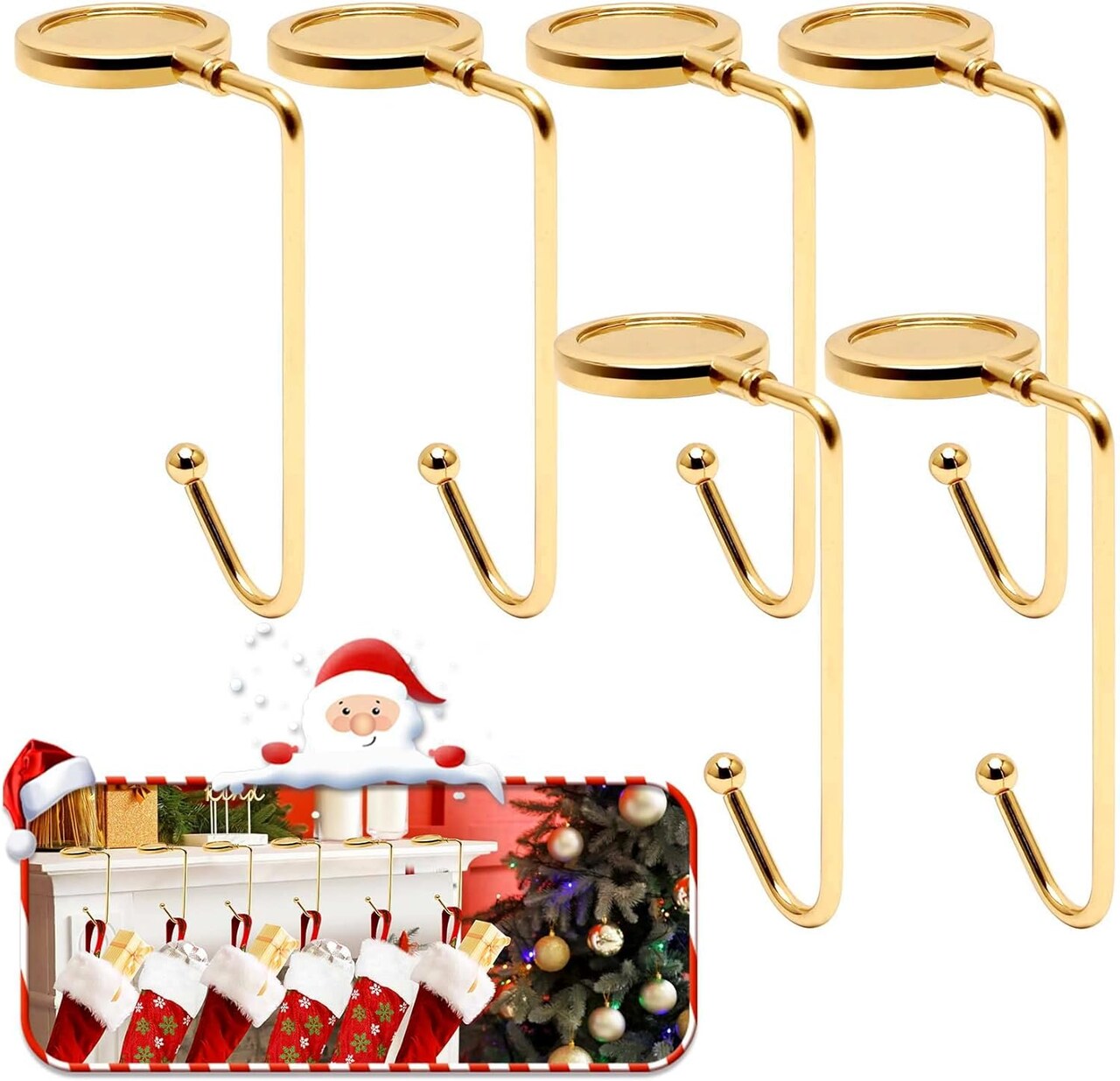 Christmas Stocking Holders for Mantle Set of 6,Upgrade Non-Slip Fireplace Stocking Holder,Lightweight Metal Stocking Hangers for Mantle,Stocking Hooks for Christmas Party Decoration (Gold)